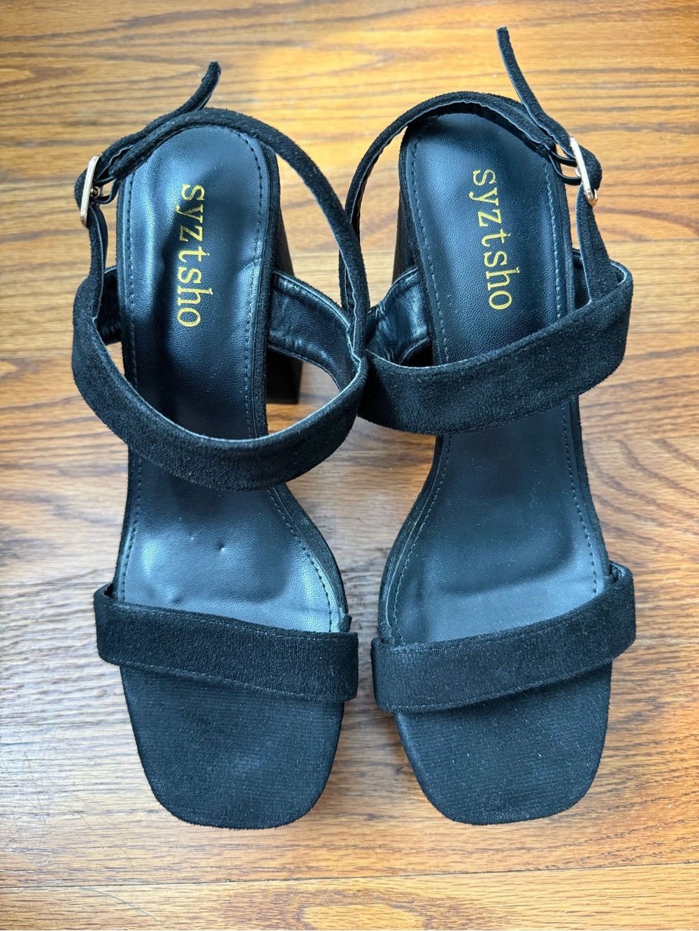 Black Suede Ankle-Strap Block Heels